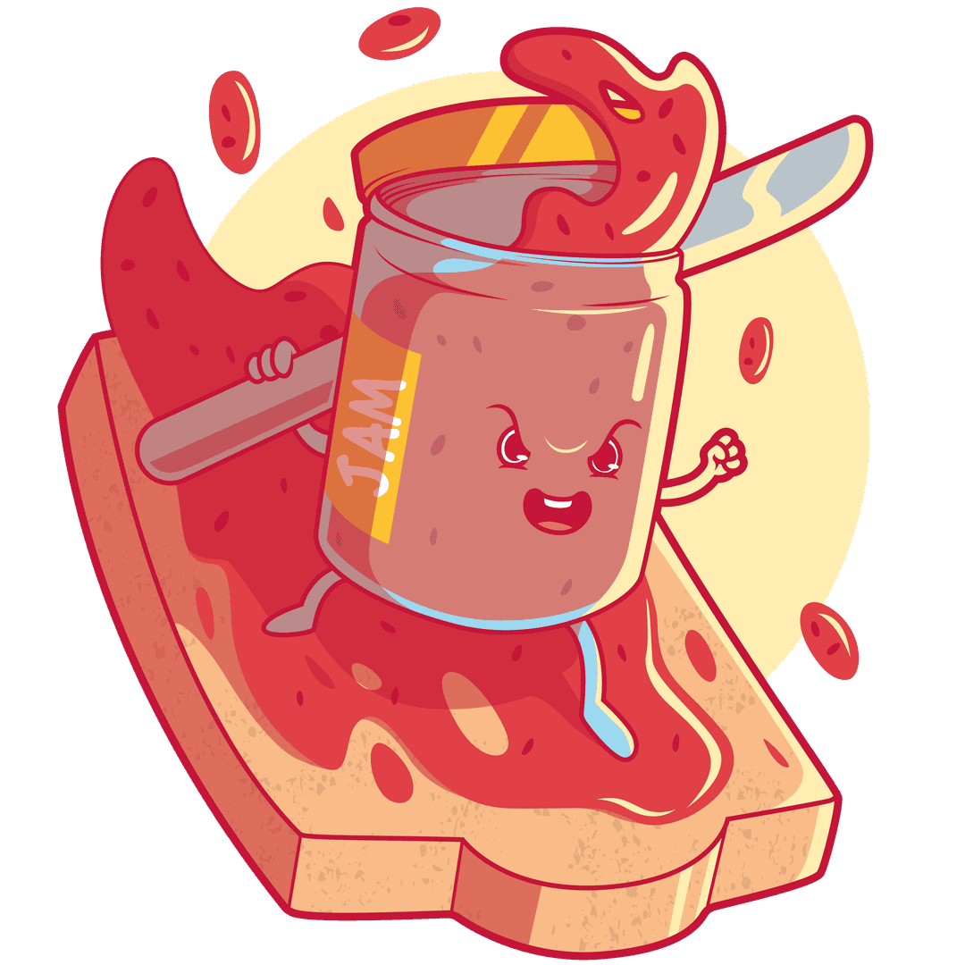 Un pot de confiture surfant sur une vague de confiture sur un toast